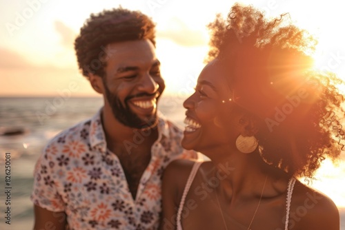 A couple laughing together on a beach during sunset, with the golden light adding warmth to the moment