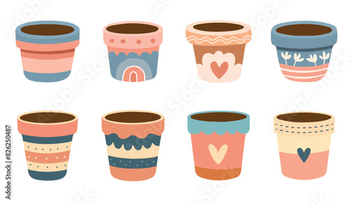 Set of empty flower pots with vector design illustration