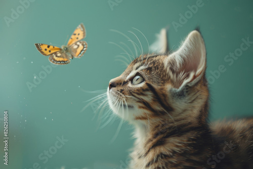 A cat is looking at a butterfly that is flying in front of it