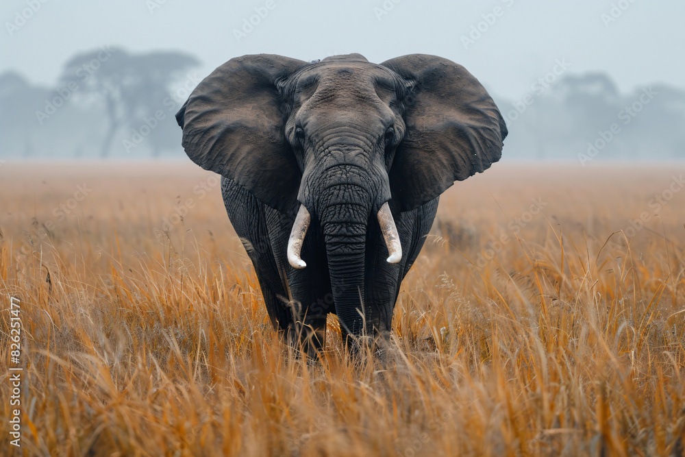 Naklejka premium Majestic elephant standing in misty savannah. Ideal for wildlife, safari, and nature conservation projects