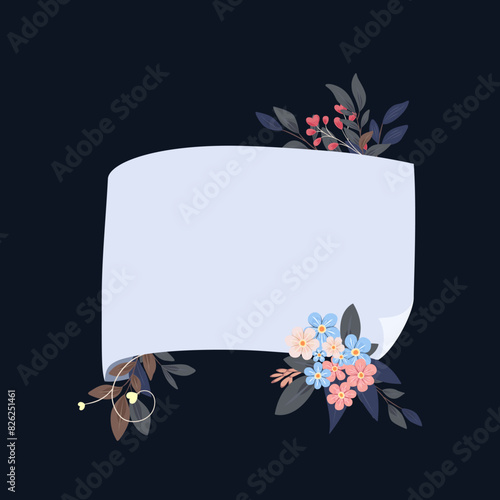 Kartka z miejscem na Twój tekst otoczona kwiatami. Szarfa z elementami botanicznymi. Ilustracja wektorowa.