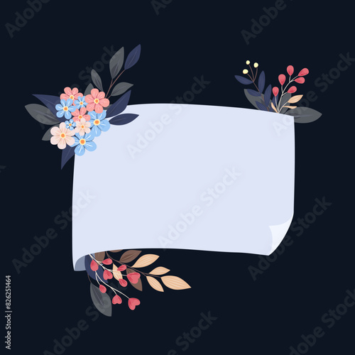Kartka z miejscem na Twój tekst otoczona kwiatami. Szarfa z elementami botanicznymi. Ilustracja wektorowa.