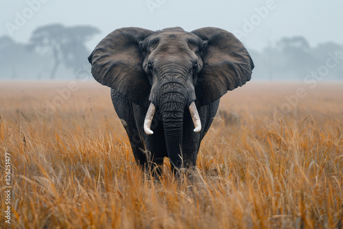 Majestic elephant standing in misty savannah. Ideal for wildlife, safari, and nature conservation projects