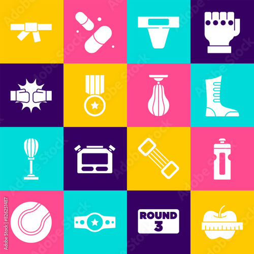 Set Apple and measuring tape, Fitness shaker, Sport boxing shoes, Groin guard, Medal, Punch gloves, Black karate belt and Punching bag icon. Vector