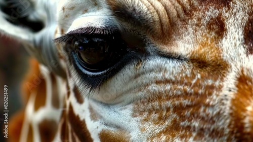  A close-up of a giraffe s eye with brown and white spots on its face