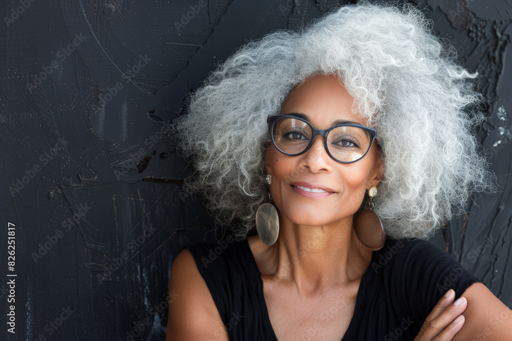 Portrait of Mature Diverse Woman with Gray Hair and Glasses 