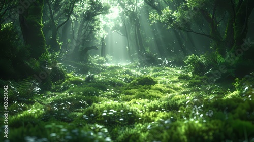 A verdant green forest with a carpet of moss and ferns  creating a magical and enchanting atmosphere
