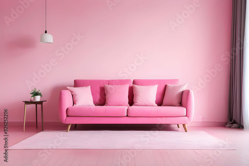 pink sofa with pillow on the floor in pink living room. minimal style concept.