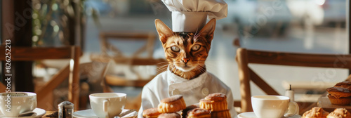 Sophisticated Abyssinian Cat Dressed as Chef at Table with Pastries photo