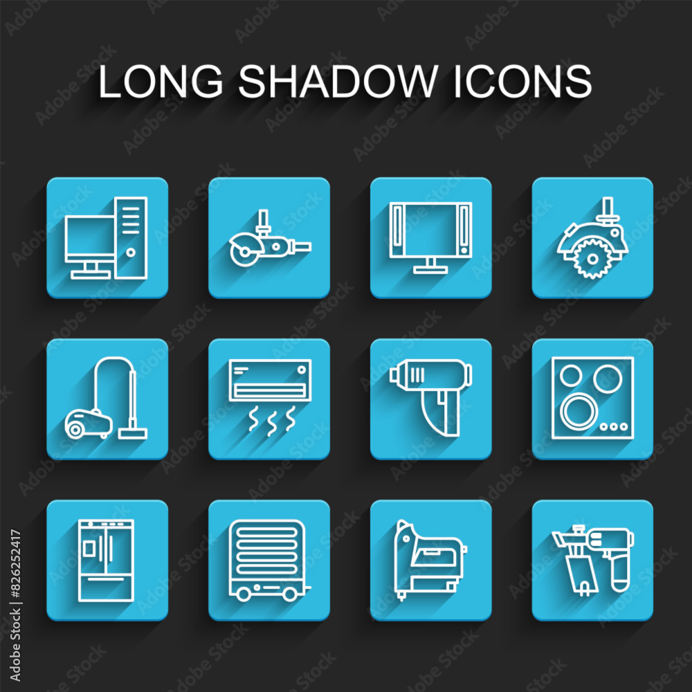 Set line Refrigerator, Electric heater, Computer monitor, construction stapler, Nail gun, Air conditioner, Gas stove and industrial dryer icon. Vector Set line Refrigerator, Electric heater, Computer monitor, construction stapler, Nail gun, Air conditioner, Gas stove and industrial dryer icon. Vector