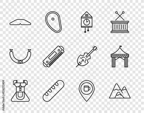 Set line Costume for women dirndl, Mountains, Retro wall watch, French baguette bread, Homemade pie, Harmonica, Alcohol beer bar location and Camping tent icon. Vector
