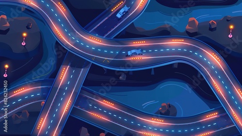 Serpentine night roads with glowing street lamps and traffic - aerial view of city transport photo