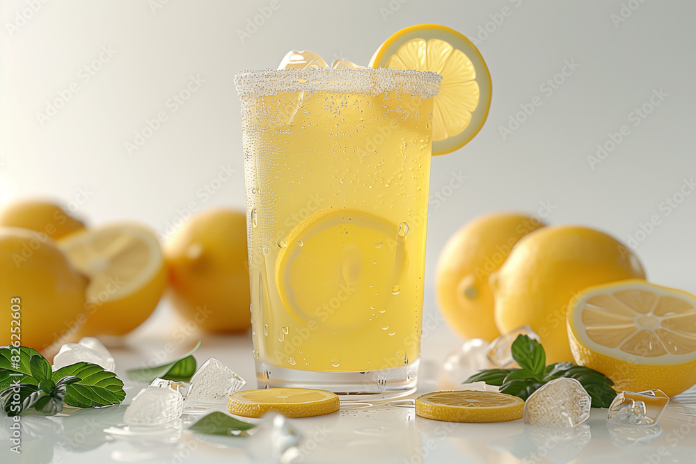 Fototapeta premium Fresh squeezed lemonade with lemon and mint, 3d render