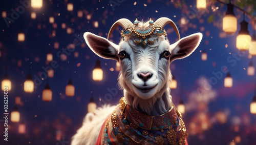 This is a picture of a goat with brown fur and blue eyes, wearing a gold crown and necklace with blue and green jewels. The background is blurry and contains many small, out of focus lights.