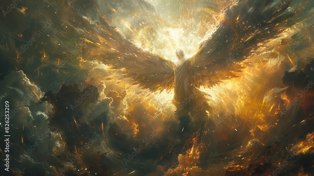 Majestic Angel of Ezekiel in Battle Stance Guarding Eden Gates Against Celestial Backdrop.