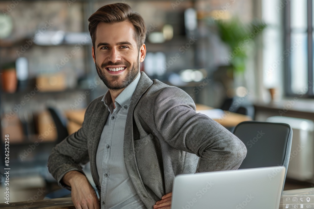 A man is sitting at a desk with a laptop in front of him. He is smiling and he is happy A man is sitting at a desk with a laptop in front of him. He is smiling and he is happy