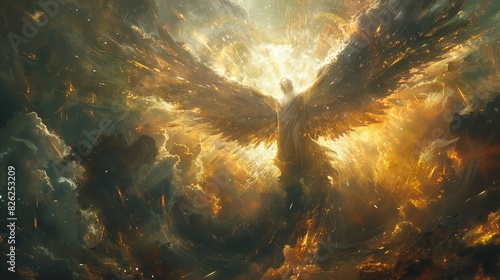 Majestic Angel of Ezekiel in Battle Stance Guarding Eden Gates Against Celestial Backdrop. photo