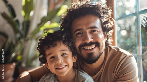 Portrait of cheerful hispanic father and son with curly black hair at home