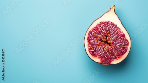 A halved fig on a blue background. The fig is ripe and juicy, with a deep purple color. The seeds are visible in the center of the fruit. photo