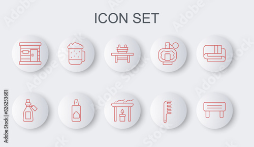 Set line Sauna wood bench, Essential oil bottle, with bucket, Hairbrush, wooden bathhouse, Wooden beer mug, Spray can for hairspray and Aroma candle icon. Vector