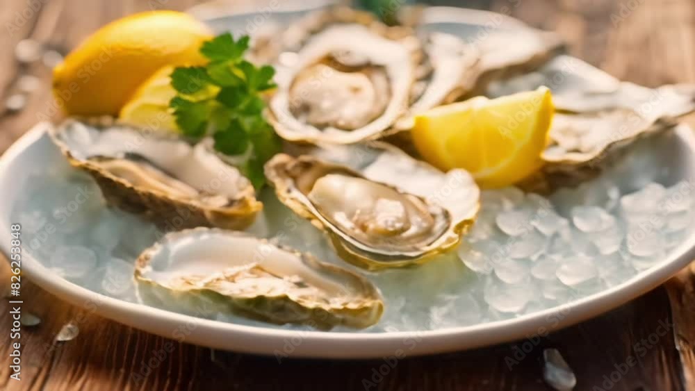 Fresh Oysters on white plate with lemon on blurred seascape background. Healthy seafood. Fresh Oyster in open air restaurant. Gourmet food. Copy space Fresh Oysters on white plate with lemon on blurred seascape background. Healthy seafood. Fresh Oyster in open air restaurant. Gourmet food. Copy space