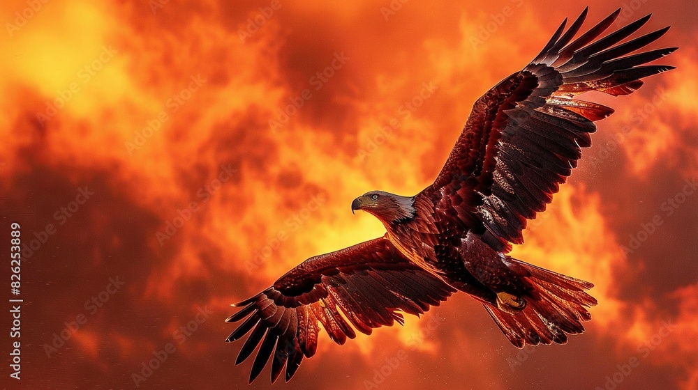 Obraz premium Bird in cloudy sky against red-yellow backdrop and cloudy foreground