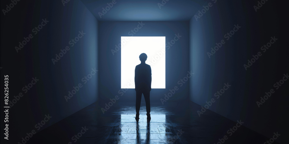 A person stands in a dark room with a window