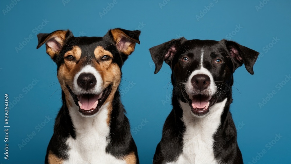 Happy Pooches Two Smiling Dogs Showing Their Cheerful Faces Against Blue Background Happy Pooches Two Smiling Dogs Showing Their Cheerful Faces Against Blue Background