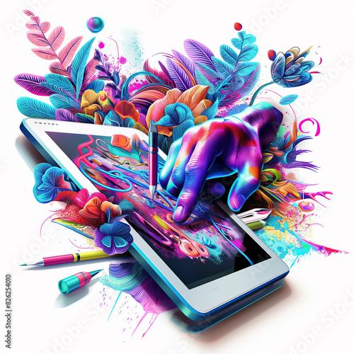 53 - Depict a 3D graphic designer working on a digital tablet, creating vibrant designs, against a white background.