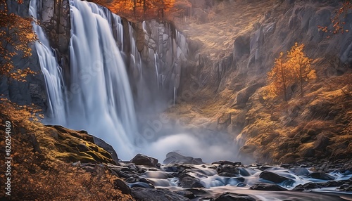 An enchanting autumn waterfall cascades powerfully among colorful trees and rocks  creating a serene and picturesque setting.. AI Generation