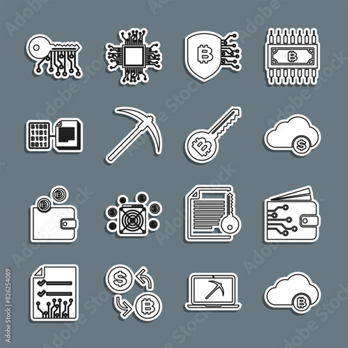 Set line Cryptocurrency cloud mining, wallet, Shield with bitcoin, Pickaxe, Smart contract, key and icon. Vector
