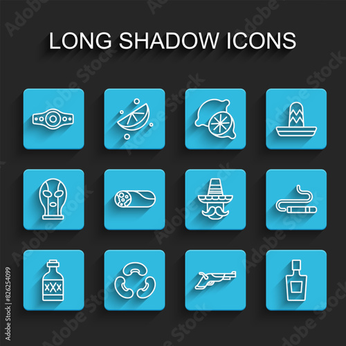 Set line Tequila bottle, Beans, Wrestling championship belt, Vintage pistols, Burrito, Cigar and Mexican man sombrero icon. Vector