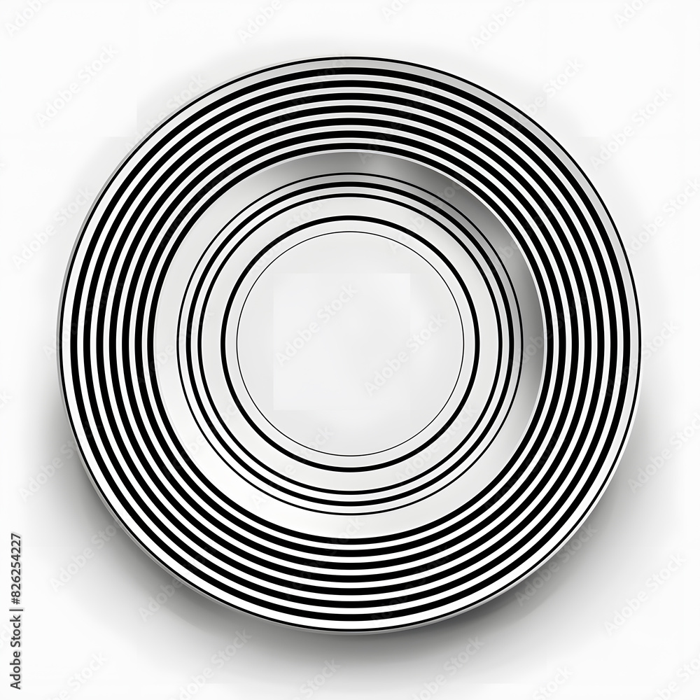 Fototapeta premium Black and white Dinner plate top view, minimalist geometric design, isolated on white background
