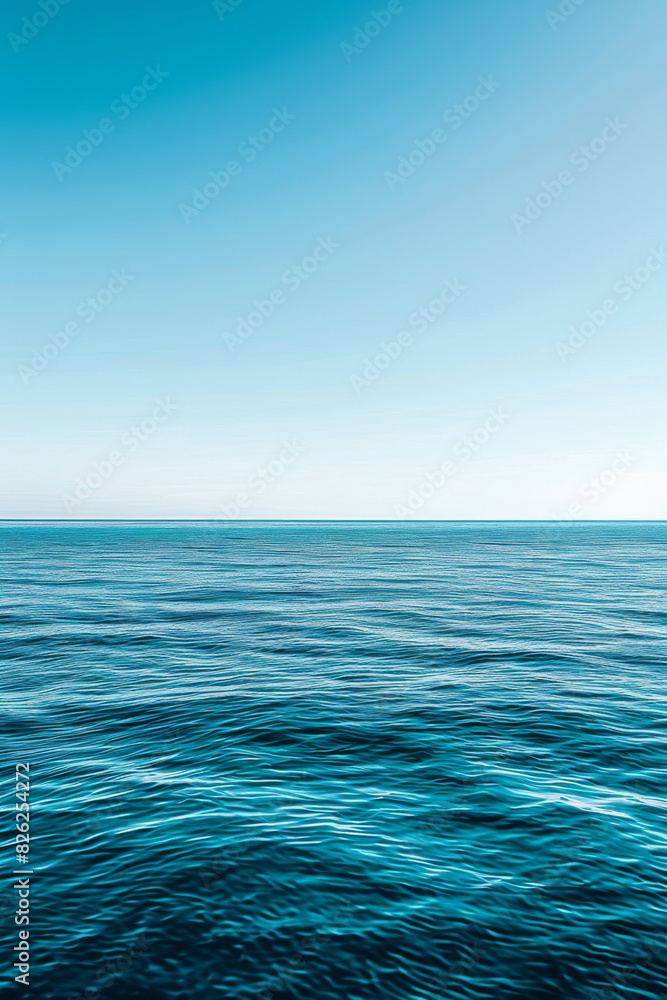 The ocean is calm and blue, with no visible waves The ocean is calm and blue, with no visible waves