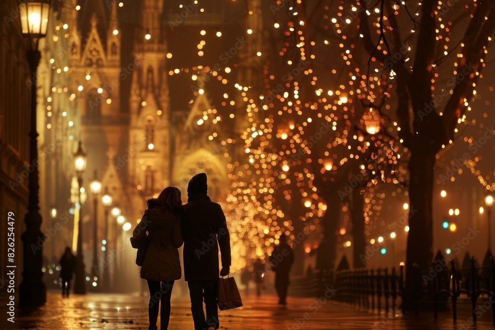 Couple enjoys a magical evening stroll amid the golden street lights of a bustling city