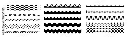 Wave ornament pattern. Waves line set. Set of wavy zigzag lines. Wave thin line background. Vector zigzag and wavy  horizontal underline. Vector illustration
