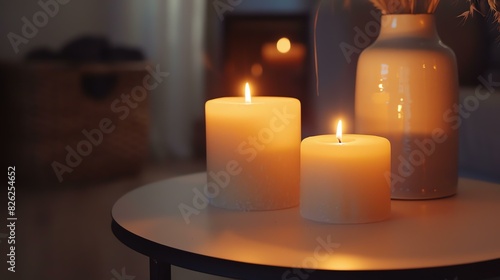 Two candles burning on a table in a dimly lit room. There is a vase with some decorative plants behind the candles.