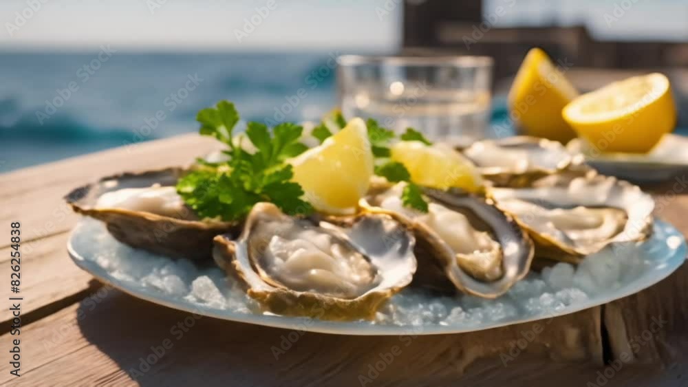 Fresh Oysters on white plate with lemon on blurred seascape background. Healthy seafood. Fresh Oyster in open air restaurant. Gourmet food. Copy space Fresh Oysters on white plate with lemon on blurred seascape background. Healthy seafood. Fresh Oyster in open air restaurant. Gourmet food. Copy space