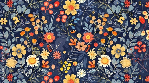 A beautiful floral pattern with a variety of flowers and leaves in a blue background.