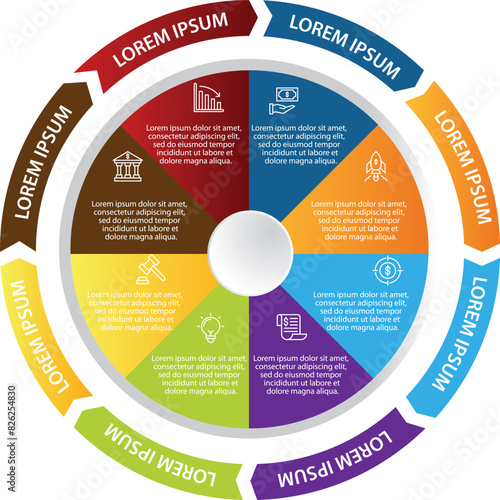 Collection of vector Arrow  circle chart infographic templates for presentations, advertising, layouts, annual reports. 8 options, steps, parts