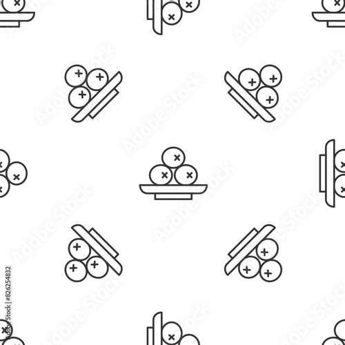Grey line Olives on plate icon isolated seamless pattern on white background. Vector