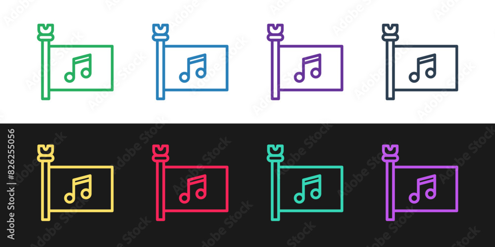 Set line Music festival, access, flag, music note icon isolated on black and white background. Vector Set line Music festival, access, flag, music note icon isolated on black and white background. Vector