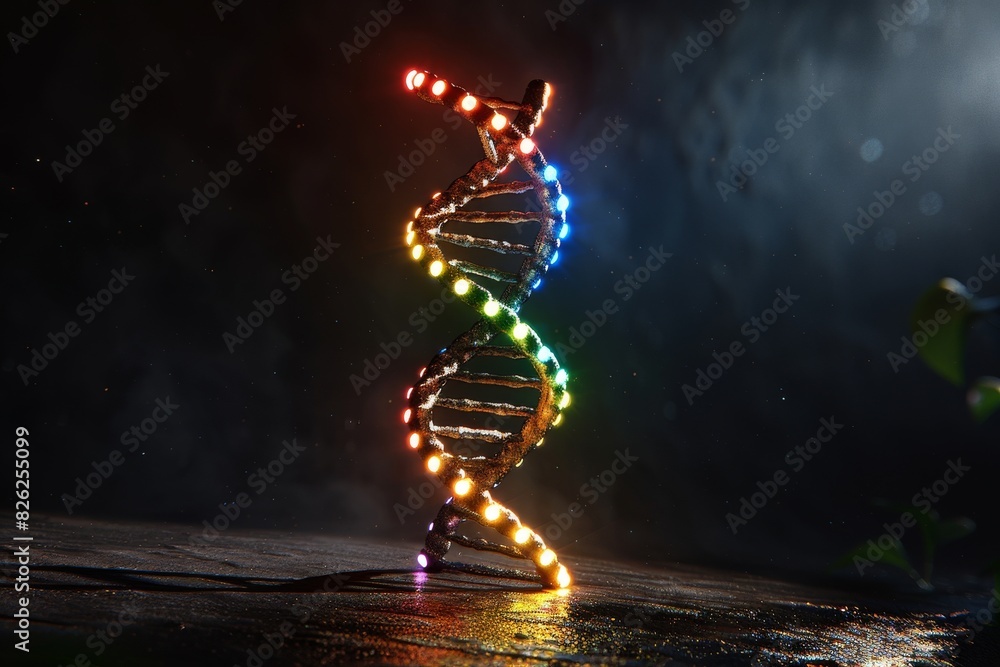 Obraz premium Luminous DNA helix in a mystical night setting, capturing the magical essence of genetic discovery