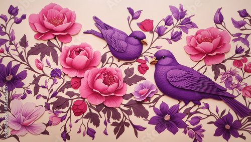 two purple birds with red details sitting on branches with pink and purple flowers against a beige backgroun