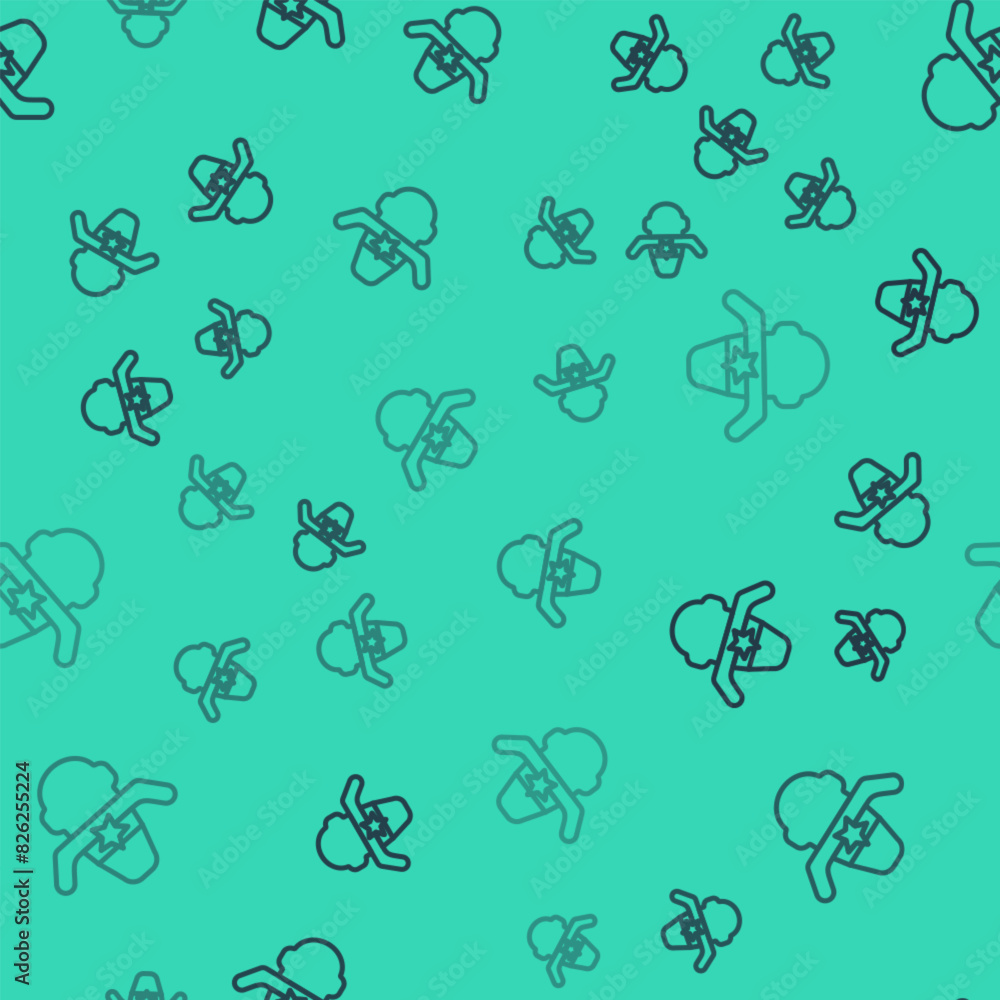 Black line Sheriff cowboy hat with star badge icon isolated seamless pattern on green background. Police officer. Vector Black line Sheriff cowboy hat with star badge icon isolated seamless pattern on green background. Police officer. Vector