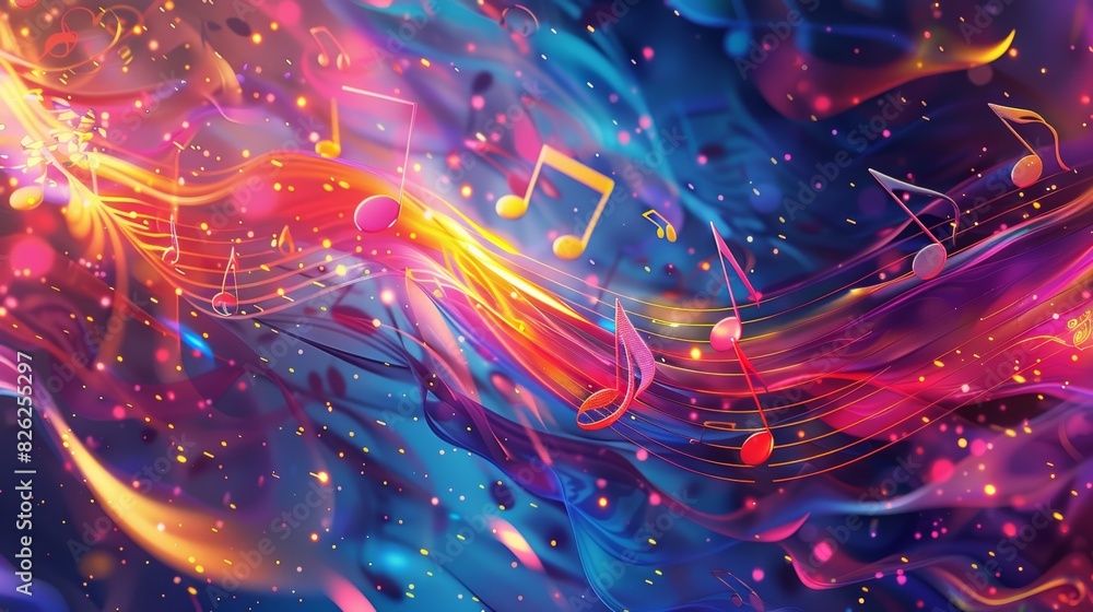 Flowing colors blend with musical notes in an artistic depiction of sound and rhythm across a cosmic backdrop. Generative Ai Flowing colors blend with musical notes in an artistic depiction of sound and rhythm across a cosmic backdrop. Generative Ai