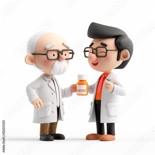 32 - Show a 3D pharmacist explaining medication to a patient, with a friendly expression, on a white background.