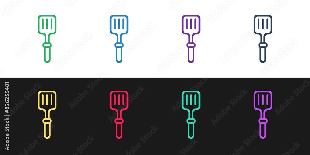 Set line Barbecue spatula icon isolated on black and white background. Kitchen spatula icon. BBQ spatula sign. Barbecue and grill tool. Vector Set line Barbecue spatula icon isolated on black and white background. Kitchen spatula icon. BBQ spatula sign. Barbecue and grill tool. Vector