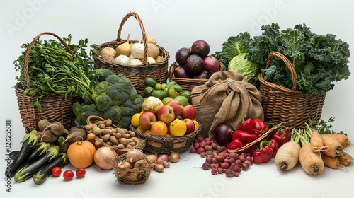 Fresh organic vegetables and fruits in wicker baskets on a white background. The image shows a variety of healthy and nutritious food.