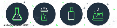 Set line Fitness shaker, Travel suitcase, Test tube and flask and Pudding custard icon. Vector
